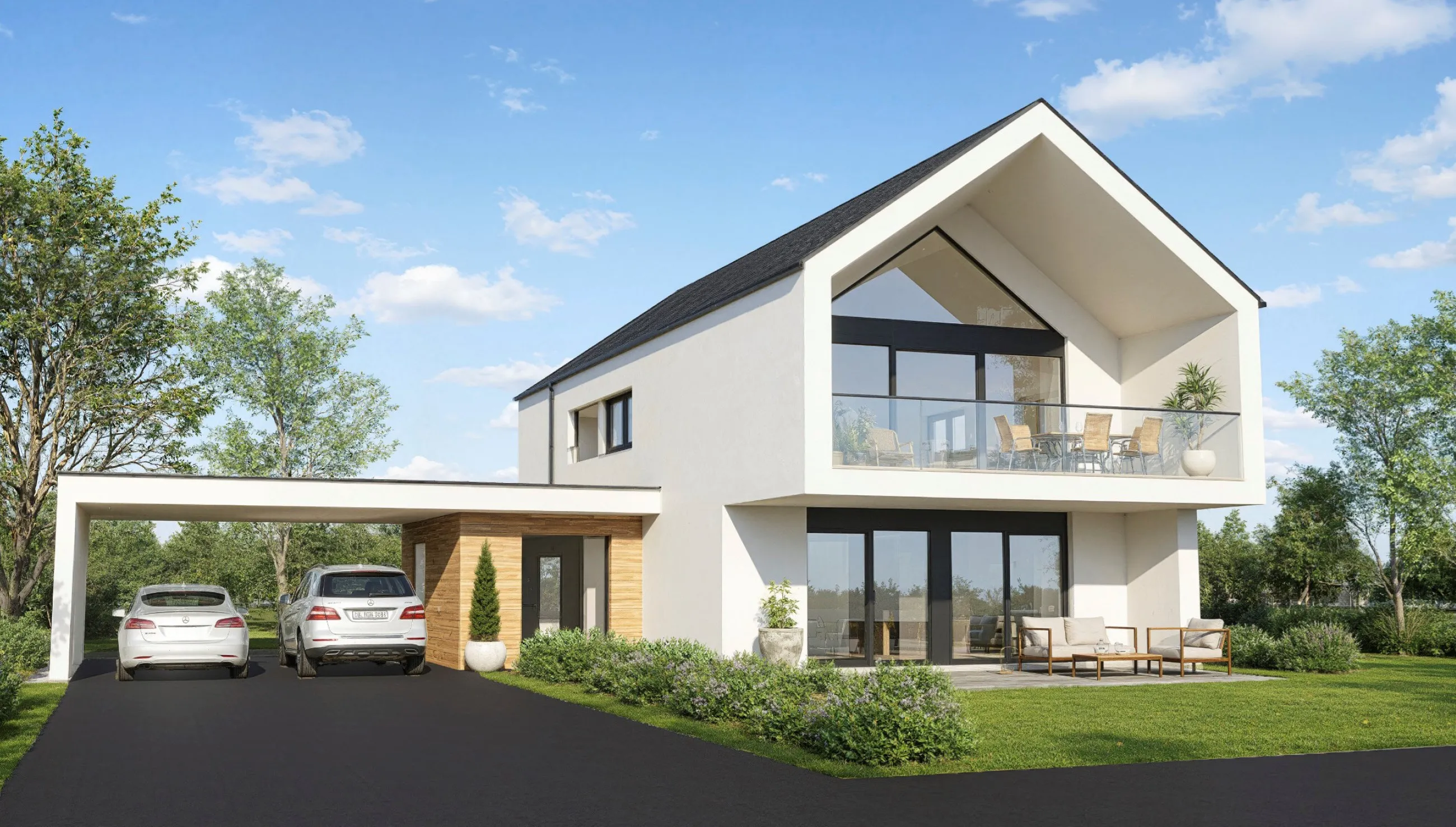 Fotorealistische 3D-Visualisierung eines modernen Einfamilienhauses