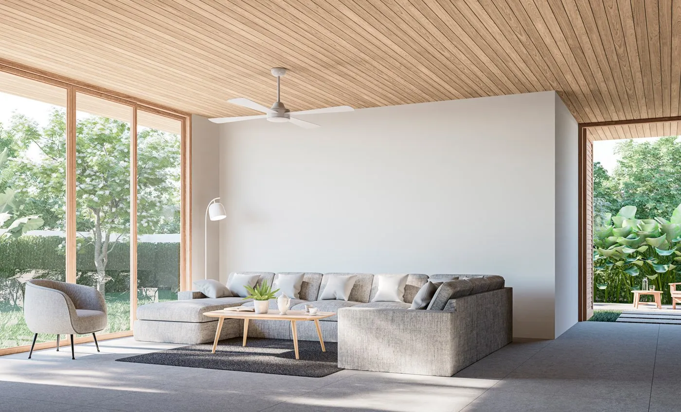 3D-Visualisierung eines Wohnzimmers mit Holzdecke
