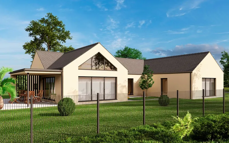 Bungalow mit Satteldach in Beige und überdachtem Freisitz