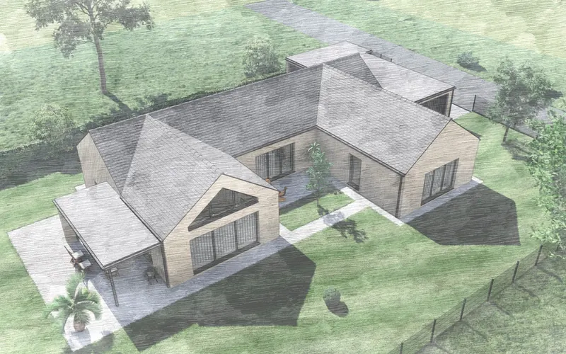 3D-Entwurfsstudie eines Winkelbungalows aus der Vogelperspektive
