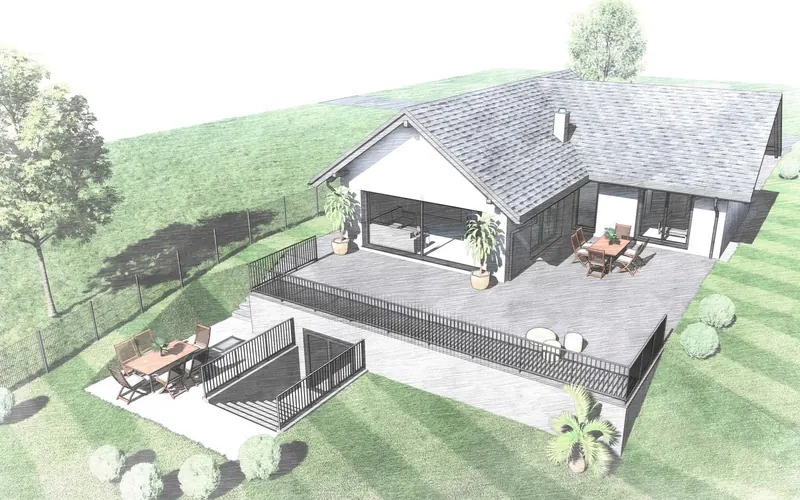 3D-Entwurfsstudie eines Bungalows mit großer Terrasse