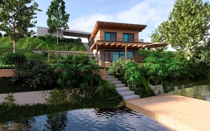 Exklusive Holzvilla mit Pergola an einem Naturteich