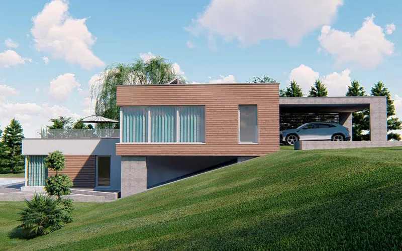 Flachdachhaus am Hang mit Holz- und Ziegelfassade und Carport