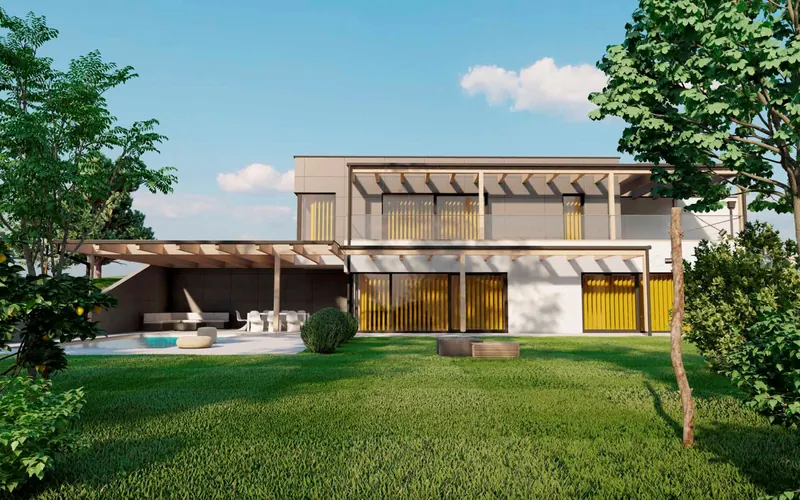 Flachdachhaus mit Pergola und gelben Sonnenschutzelementen