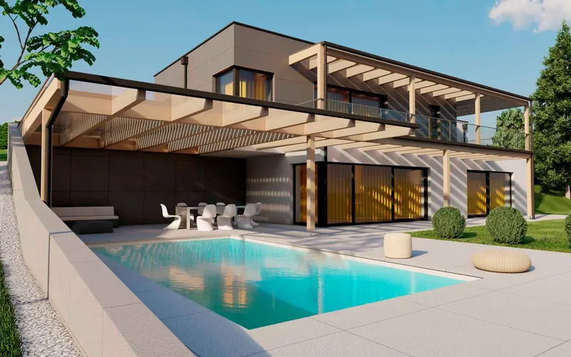 Flachdachhaus mit Holzpergola, Pool und Loungebereich