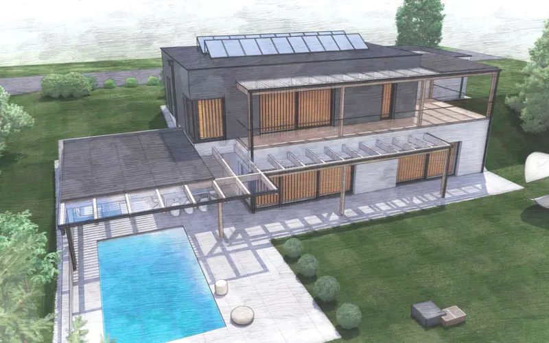 3D-Entwurfsstudie eines Flachdachhauses mit Pool und Photovoltaik