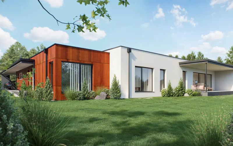 Flachdachhaus mit Cortenstahl-Element und Panoramafenstern