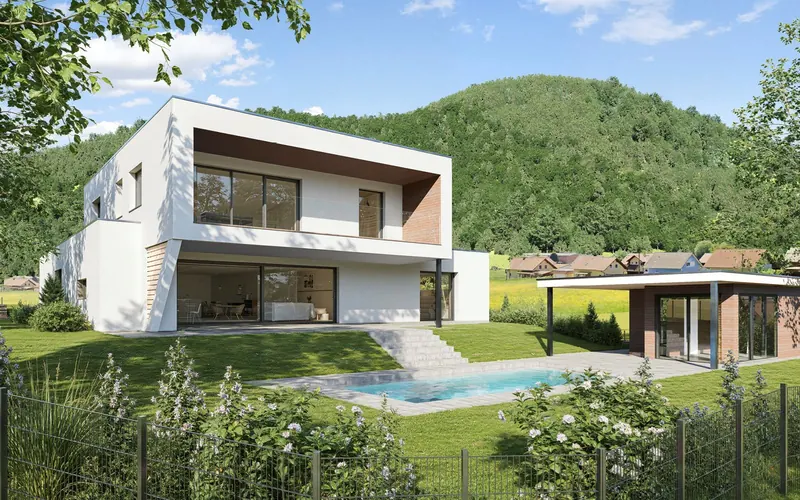 Zweigeschossiges weißes Flachdachhaus mit Pool und Nebengebäude