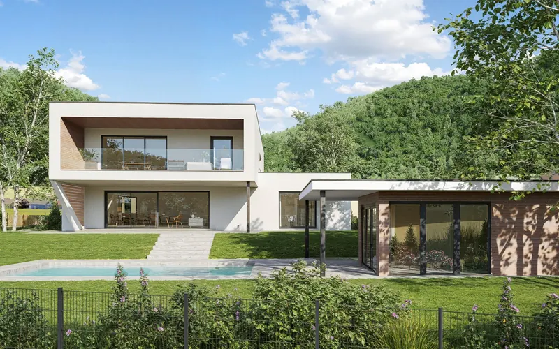 Dasselbe Flachdachhaus mit Gartenpavillon aus anderer Perspektive