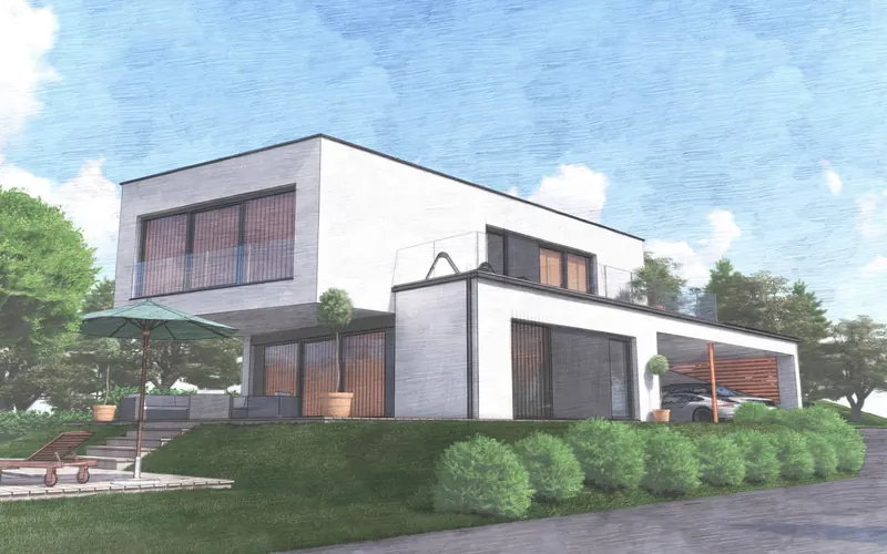 3D-Entwurfsstudie eines Flachdachhauses mit Terrasse