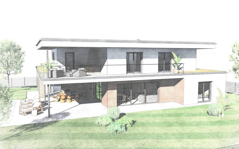 3D-Entwurfsstudie eines Flachdachhauses mit Loggia am Hang