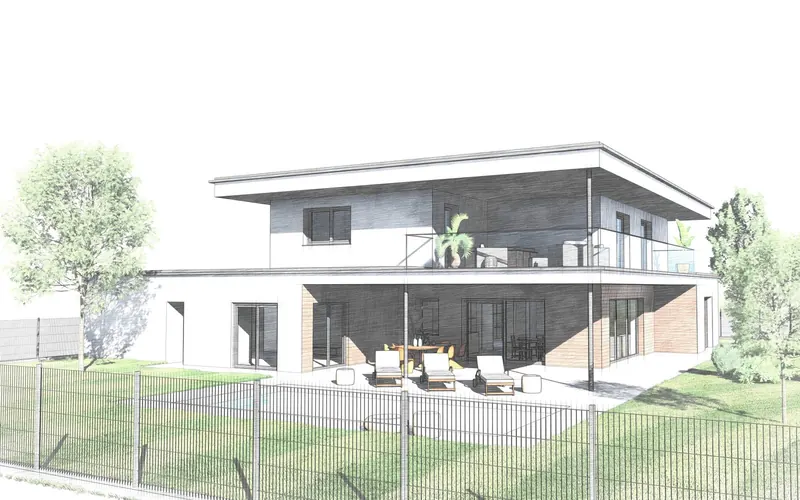 3D-Entwurfsstudie eines Flachdachhauses mit Balkon am Hang