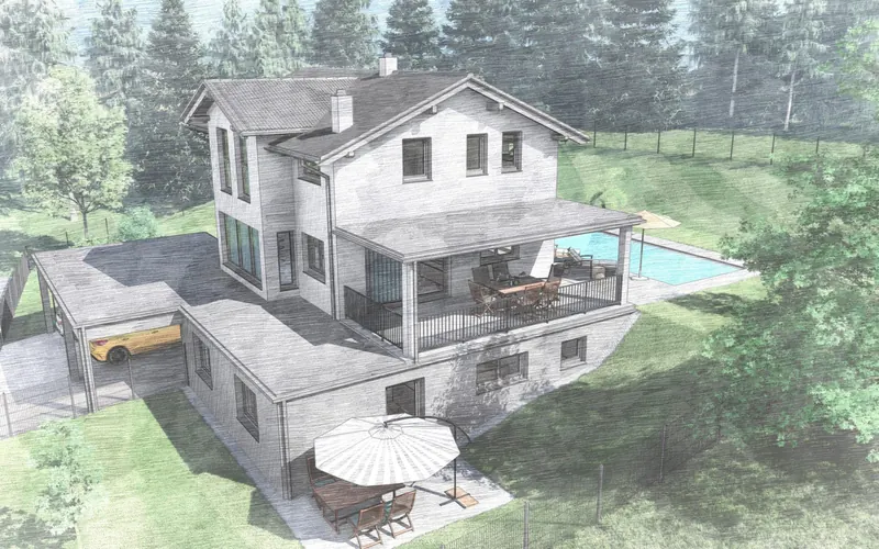 3D-Entwurfsstudie eines Hanghauses mit Pool und Carport