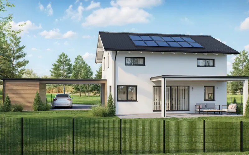 Weißes Satteldachhaus mit Photovoltaikanlage, Vordach und Carport