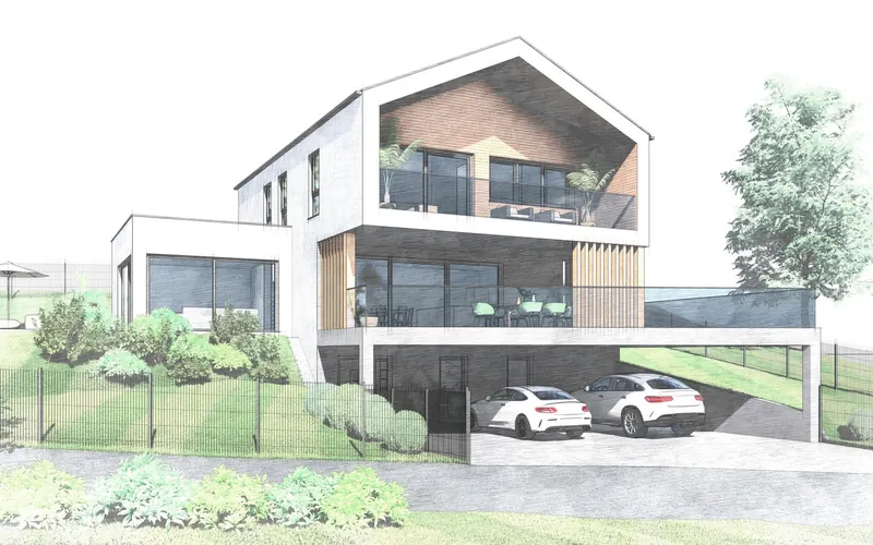 3D-Entwurfsstudie eines zweigeschossigen Hanghauses mit Carport