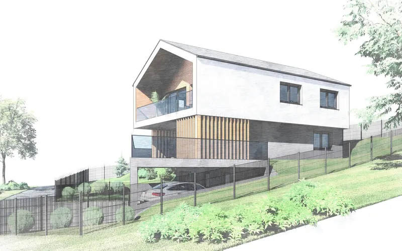 3D-Entwurfsstudie eines Satteldachhauses mit Holzgiebel