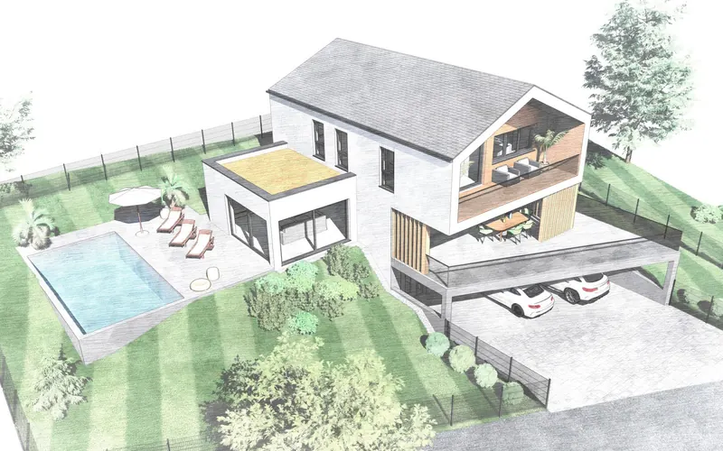 3D-Entwurfsstudie mit Pool und Terrassenlandschaft von oben