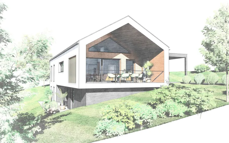 3D-Entwurfsstudie eines Giebelhauses mit großer Glasfront