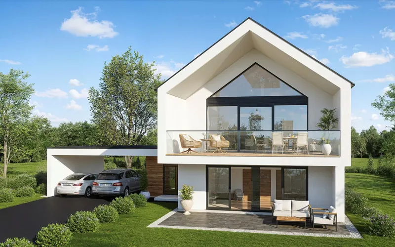 Satteldachhaus mit Balkon, großer Glasfront und Carport