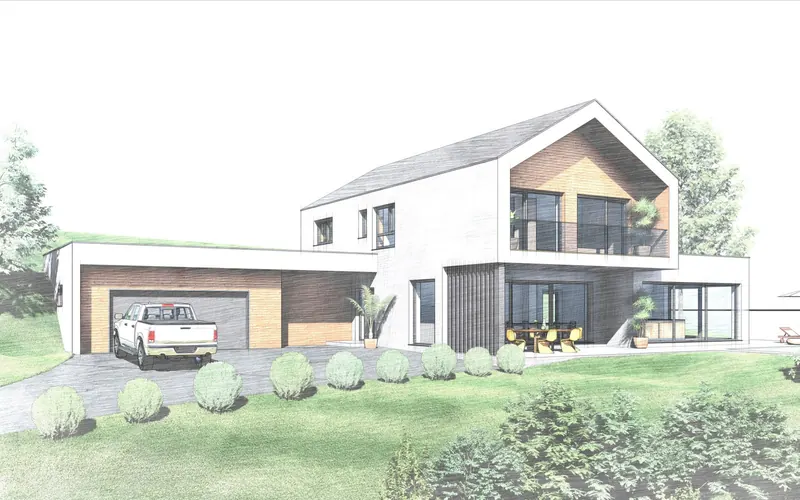 3D-Entwurfsstudie eines Satteldachhauses mit Garage