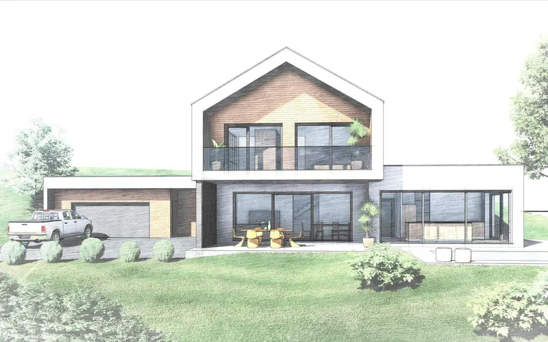 3D-Entwurfsstudie desselben Hauses aus dem Garten