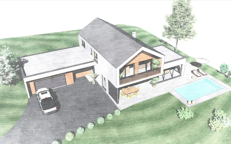 3D-Entwurfsstudie mit Pool und Garage aus der Vogelperspektive