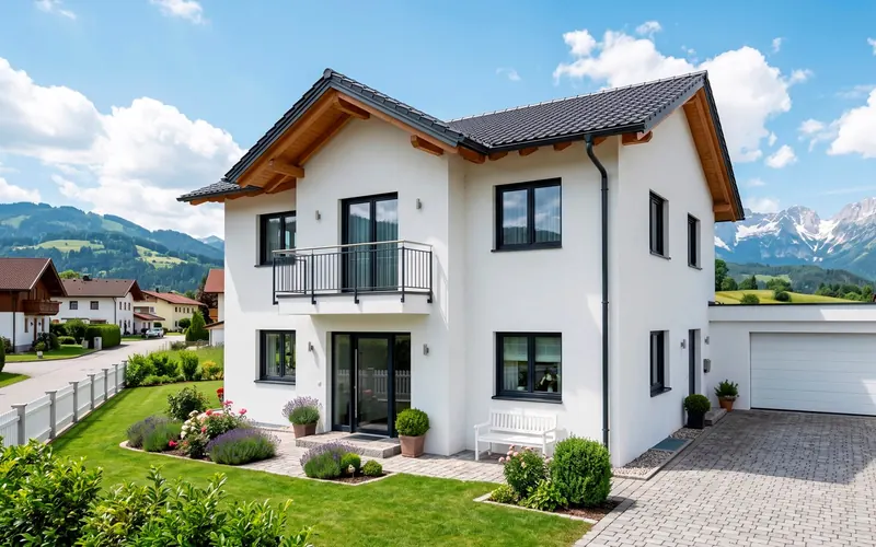 Klassisches weißes Wohnhaus mit Holzgiebel, Balkon und Bergpanorama