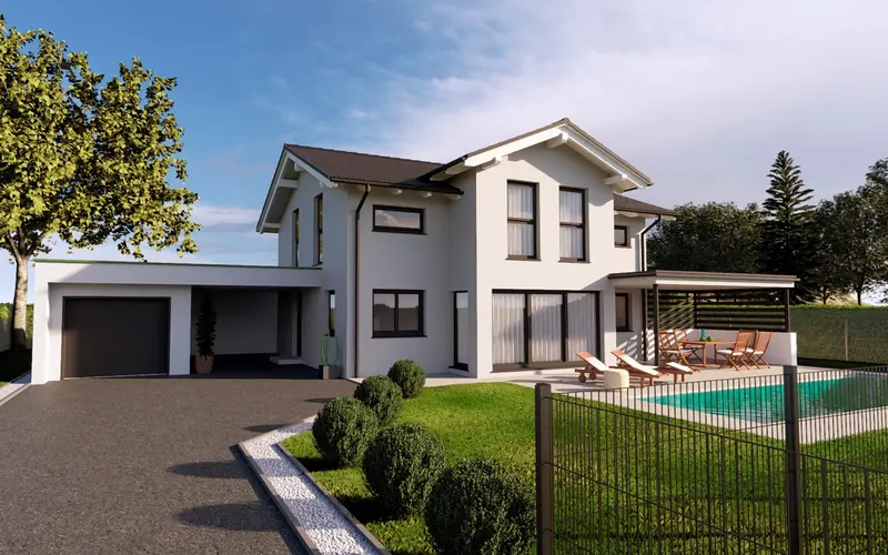 Satteldachhaus mit Garage, Zufahrt und Pool im Garten