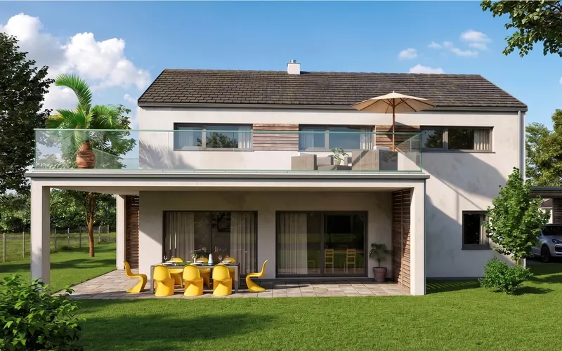 Satteldachhaus mit gemauerter Terrassenloggia und Sitzbereich