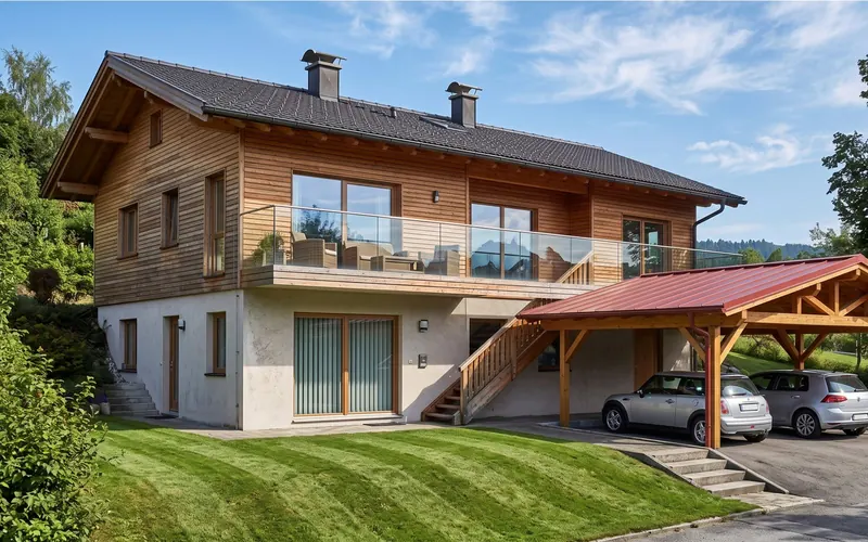Holzhaus mit Satteldach, Balkon und offenem Carport