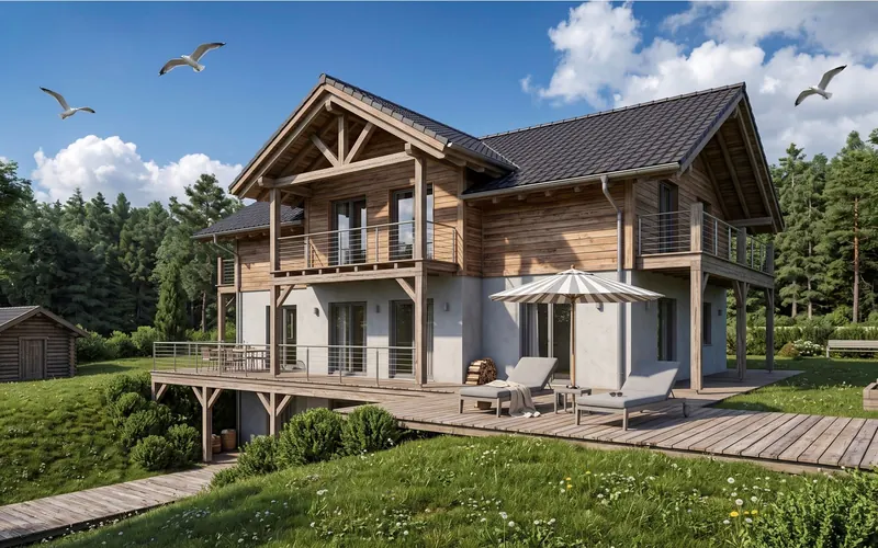 Holzhaus mit Satteldach und großem Sonnendeck im Grünen