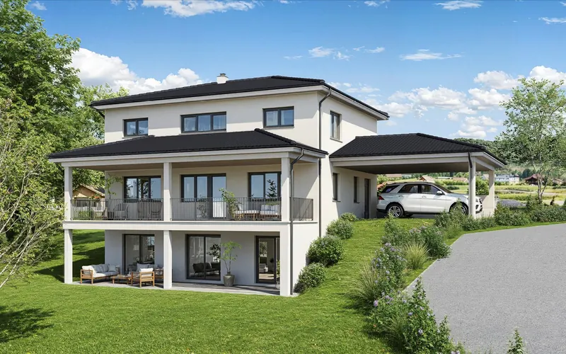Walmdachhaus mit Balkonen, Terrasse und angebautem Carport