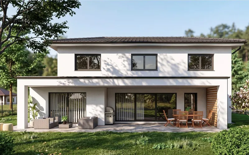 Walmdachhaus mit großer überdachter Terrasse und Essplatz