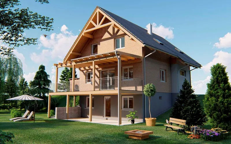 Zubau in Holz mit Balkon und Pergola an ein bestehendes Wohnhaus