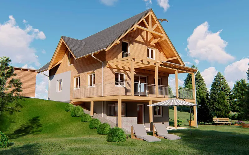 Aufstockung eines Bestandshauses in Holz mit überdachtem Balkon
