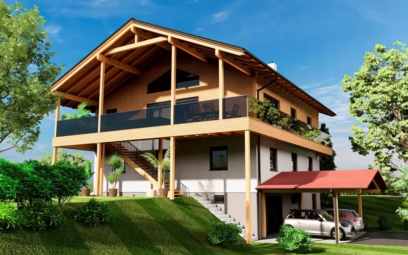 Holzaufstockung mit Pergola über bestehendem Erdgeschoss und Carport