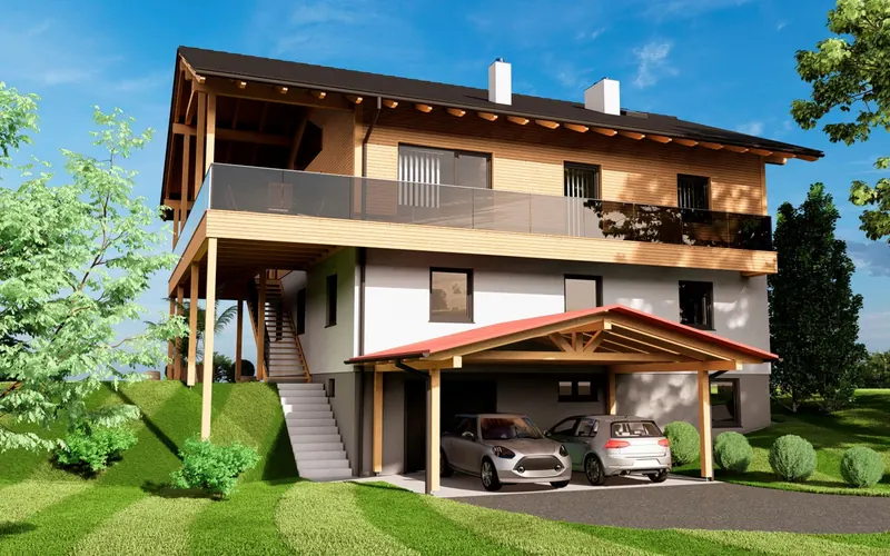 Umgebautes Wohnhaus in Hanglage mit Holzbalkon und Carport