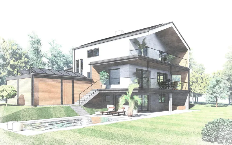 3D-Entwurfsstudie eines Zubaus mit Balkon und Nebengebäude