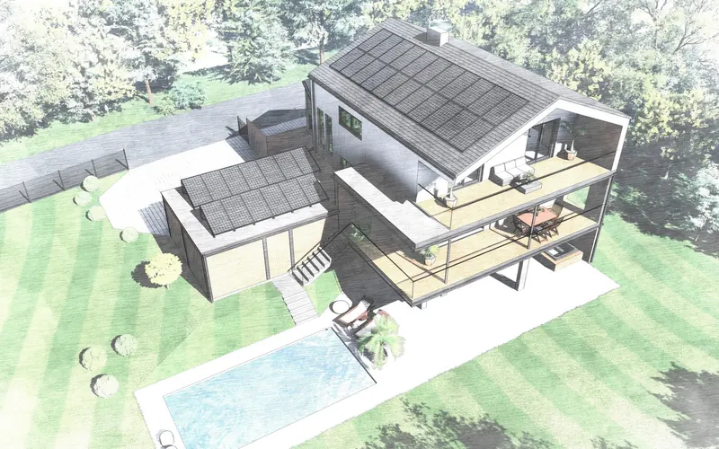 3D-Entwurfsstudie eines Umbaus mit Pool aus der Vogelperspektive