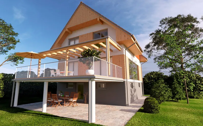 Zubau mit Pergola über gemauerter Terrasse