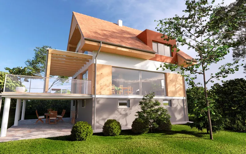 Bestandshaus mit Ziegeldach und Zubau mit großer Glasfront