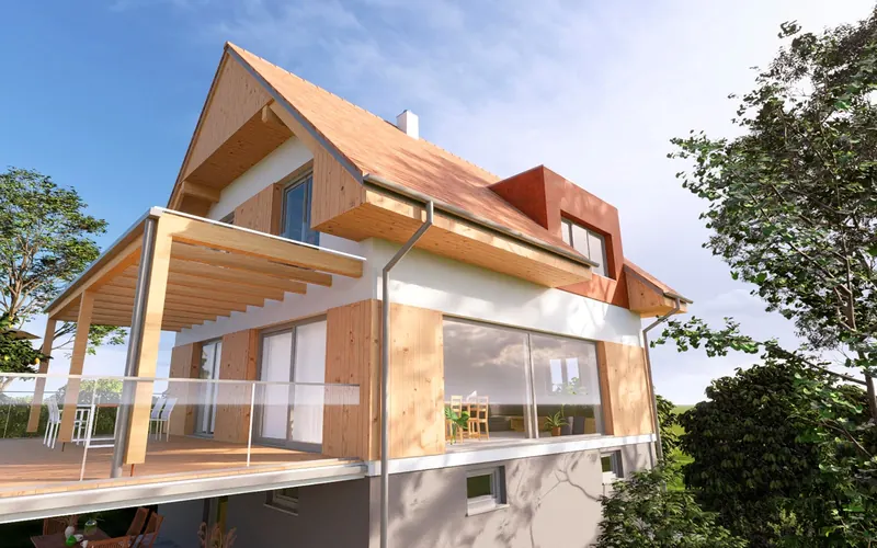 Zubau mit Holzpergola und umlaufender Verglasung