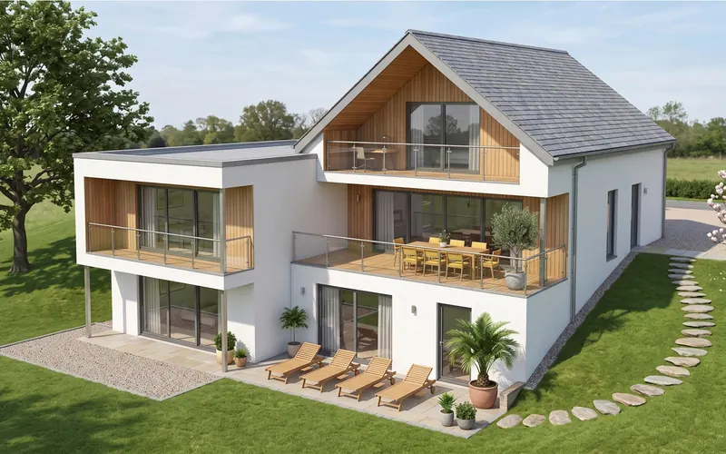 Moderner Zubau mit Balkon und Liegeplätzen im Garten