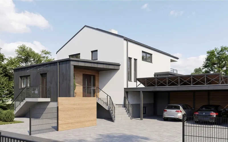 Zubau mit Holzfassade, Außentreppe und überdachtem Carport