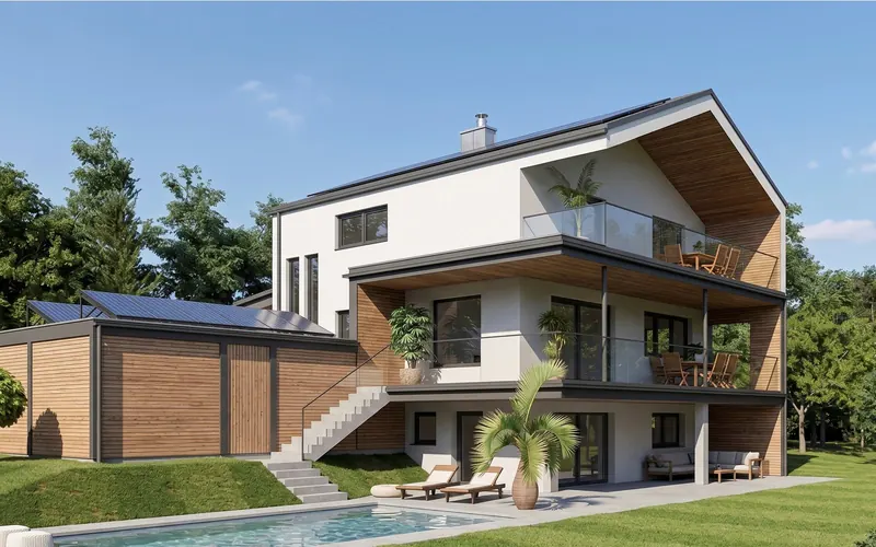 Zubau mit Holzfassade, Balkon und Pool im Garten