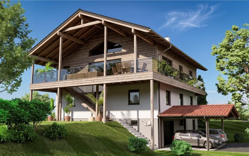Aufstockung in Holz mit umlaufendem Balkon und Carport