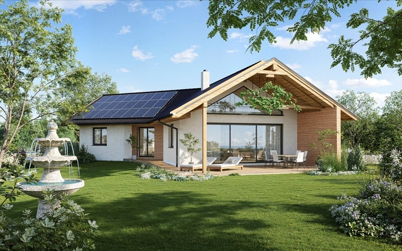 Bungalow mit Satteldach und Photovoltaik