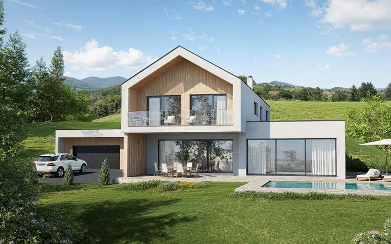 Doppelwohnhaus mit Satteldach und Holzfassade